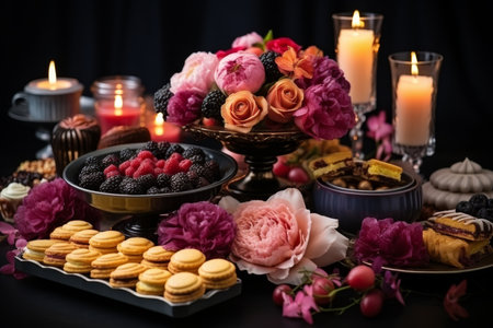 dessert table of chocolate, cakes and other sweets. Large assortment of desserts with berriesの素材