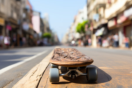 A high quality image featuring a skateboard concept with a background that has selective focus and ample copy spaceの素材