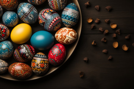 Colorful Easter Egg bottom border over a dark wood banner background. Copy spaceの素材