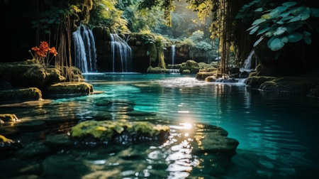 Amazing tropical forest with beautiful lake and fast flowing waterfall over boulders in backgroundの素材