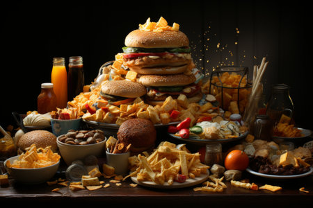 a table adorned with an assortment of ultra processed junk food, showing their high caloric content and nutritional emptinessの素材