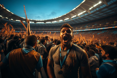 A joyous crowd of fans stands in a stadium, raising their arms in the air, under the morning sky filled with clouds, amidst the lush green grass, rejoicing in nature's embraceの素材