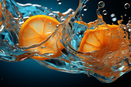A refreshing blend of orange slices and raspberries soaring through the air against a backdrop of splashing water on a vibrant blue background.の素材