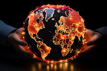 A world map depicting the interconnectedness and unity of all people, reflecting a positive vision for the future of humanity based on peace and love.の素材