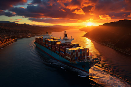 a cargo vessel with powerful lifting equipment navigating through serene watersの素材