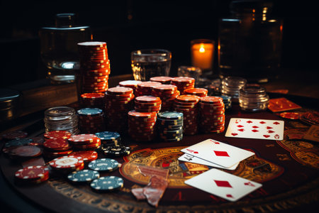 the ambiance of a luxurious restaurant and casino in las vegas during a vip night, with a focus on poker, slots, cards, and rouletteIncorporate elements that appeal to players, gamers, and a sophisticated audienceの素材
