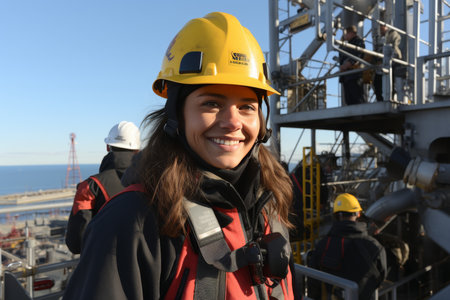 Confident female civil engineer with drawings on a busy construction site, showing leadership and experience in the field. Women's work and professionalismの素材