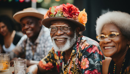 Top view,diverse group of seniors enjoying pool party with cocktails and looking up at cameraの素材