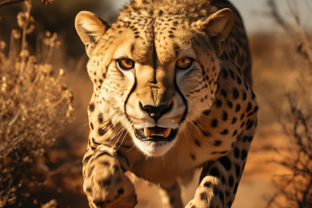 the dynamic movement of a cheetah as it leaps through the vibrant jungle, embodying strength and agilityの素材