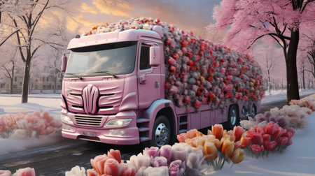 a truck decorated with colorful tulip flowers, driving through a snowy countryside as the sun sets, marking the transition from winter to springの素材