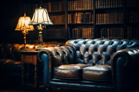 A black leather bound book is placed on a polished wooden table, surrounded by vintage reading lamps and antique leather armchairs, within the ambiance of a timeless library.の素材
