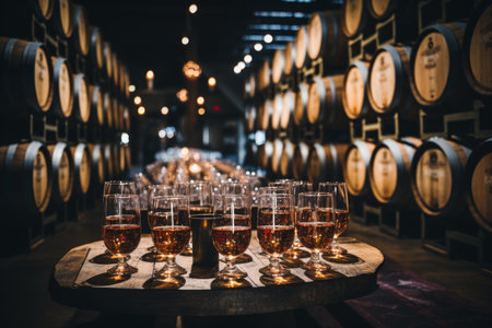 the ambiance of a wine cellar boasting rows of wooden barrels and shelves laden with an array of wine bottlesの素材