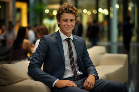 A scene in an office where a successful businessman is engaging in a poised and articulate conversation during a job interview.の素材
