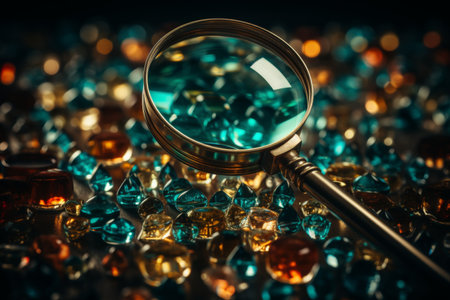 Magnifying Glass on Desk - Business Tool for Market Research and Analysis. Business Control over quotes and sharesの素材