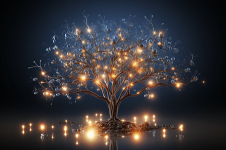 Generative AI illustration of model of human brain tree with glowing impulses and electric linesの素材