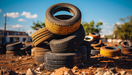 stacked used car tires against a vibrant blue sky at a tire recycling facility, highlighting the contrast between the worn out tires and the pristine skyの素材