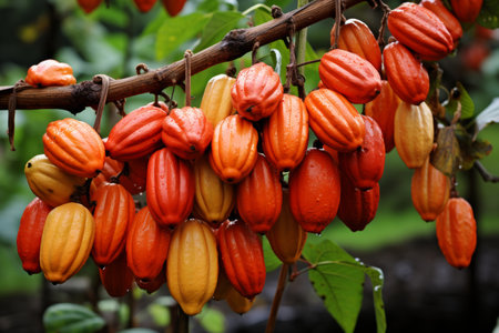 a lush cacao plantation with vibrant pods hanging from the treesCapture the natural beauty and abundance of cacao group pods on the plant trees.の素材
