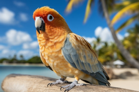 Exotic colorful bird resting on lush palm tree in tropical setting with room for text or graphics.の素材