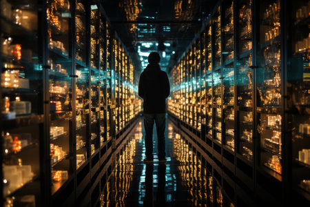 A man stands in a dark server room, gazing at a laptop, surrounded by electric blue technology, glass walls, and metallic machinesの素材