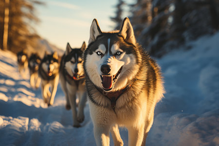 Sled dog Siberian husky is driving a sled through a winter snow-covered forestの素材