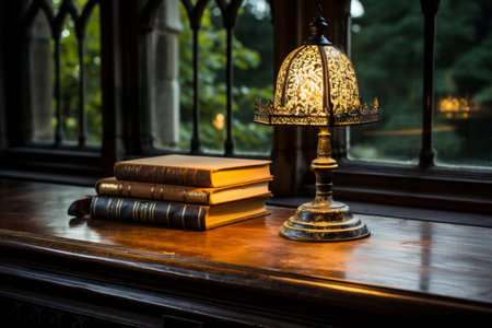 A black leather bound book is placed on a polished wooden table, surrounded by vintage reading lamps and antique leather armchairs, within the ambiance of a timeless library.の素材
