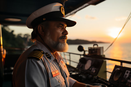 A ship captain standing on the bridge during the golden hour, gazing out over the horizon as the sun sets, casting a captivating silhouette against the sky.の素材