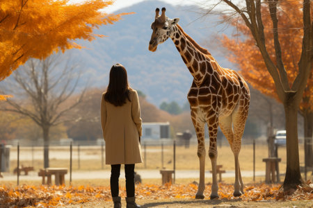 a couple on a safari, featuring a majestic giraffe in the backdrop.The image should emanate a sense of adventure and wonderの素材