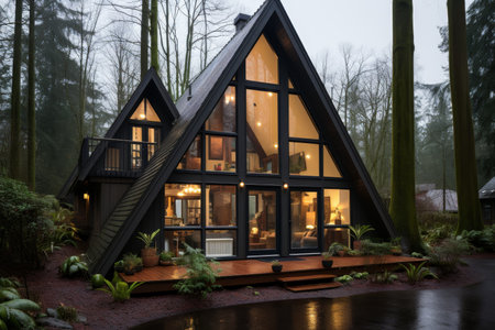 a tranquil winter scene featuring a cozy cabin nestled amidst snow covered trees, exuding a warm and inviting atmosphere with a flickering fireplaceの素材