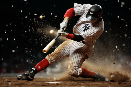 the intense focus of a professional baseball player mid swing, with the crowd cheering in the backgroundの素材