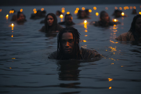 a powerful scene of a black individual with braided hair swimming gracefully through the ocean, capturing the resilience and emotion of migrationの素材
