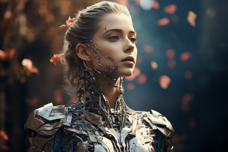 An ai humanoid robot with a youthful appearance, set against a futuristic digital backdrop, exuding a sense of advanced artificial intelligence.の素材