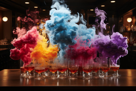 an assortment of glasses filled with vivid, swirling liquids, conveying a sense of vibrancy and motionの素材
