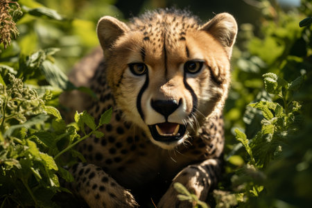the dynamic movement of a cheetah as it leaps through the vibrant jungle, embodying strength and agilityの素材