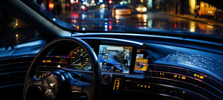 A detailed visual representation of the advanced smart car technology with an advanced heads up display and autonomous driving capabilities.A car navigating urban roads is equipped with graphical radar signals and an intelligent automotive systemの素材