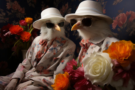 a whimsical scene featuring fashionable chickens sporting sunglasses in a lively backdropの素材