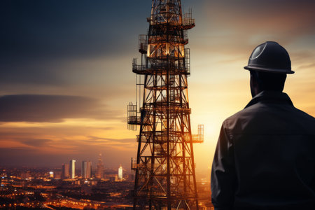 A professional in safety gear diligently working on a task at the top of a signal antenna.の素材