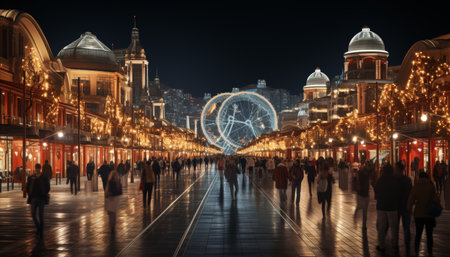 the vibrant atmosphere of a carnival at dusk, with the ferris wheel illuminated against the twilight sky, and families delighting in the rides and gamesの素材