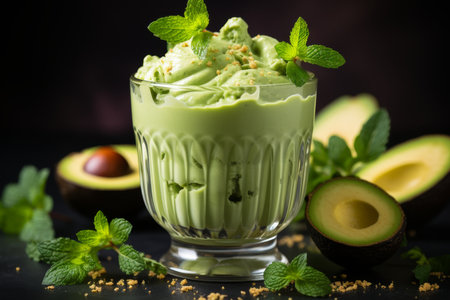 a refreshing avocado smoothie served in a glass, highlighting the vibrant green color and appetizing texture.の素材