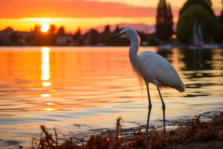 Great egret (Ardea alba) standing on the shore at sunsetの素材