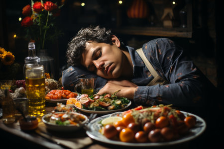 A man with an alcohol addiction sleeps at a table surrounded by a variety of alcoholic drinks, a scene that conveys the struggle and consequences of addictionの素材