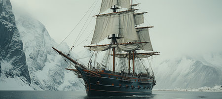 Sailing ship in the fjord. 3D Renderingの素材