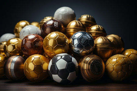 Many different sport balls on dark wooden table against black background, space for textの素材