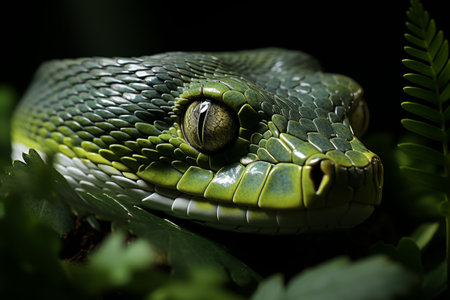 A lithe green tree python draped over the sturdy branch of a towering tree, its emerald scales blending seamlessly with the verdant foliageの素材