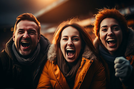 A joyous crowd of fans stands in a stadium, raising their arms in the air, under the morning sky filled with clouds, amidst the lush green grass, rejoicing in nature's embraceの素材