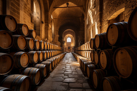 the ambiance of a wine cellar boasting rows of wooden barrels and shelves laden with an array of wine bottlesの素材