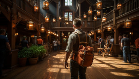 A skilled repairman entering a home, carrying a bag of tools on his back.Show the repairman in action, fixing a broken appliance or repairing a leaky pipe.Capture the determination and expertise in his eyes as he works diligently to solve the problem.の素材