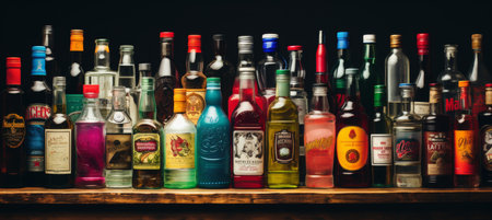 a stunning banner featuring an array of spirits and liquors elegantly displayed on a bar counter.の素材