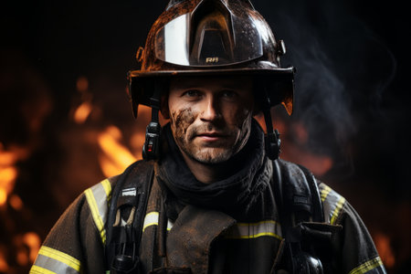 A high quality image of a firefighter in full gear wielding a hose to combat a blaze, with the focus on the firefighter amidst billowing flames and smoke.の素材