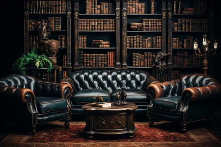 A black leather bound book is placed on a polished wooden table, surrounded by vintage reading lamps and antique leather armchairs, within the ambiance of a timeless library.の素材