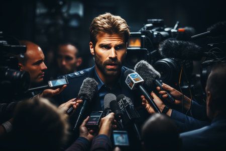a cluster of journalists assembling to report on a political speechの素材